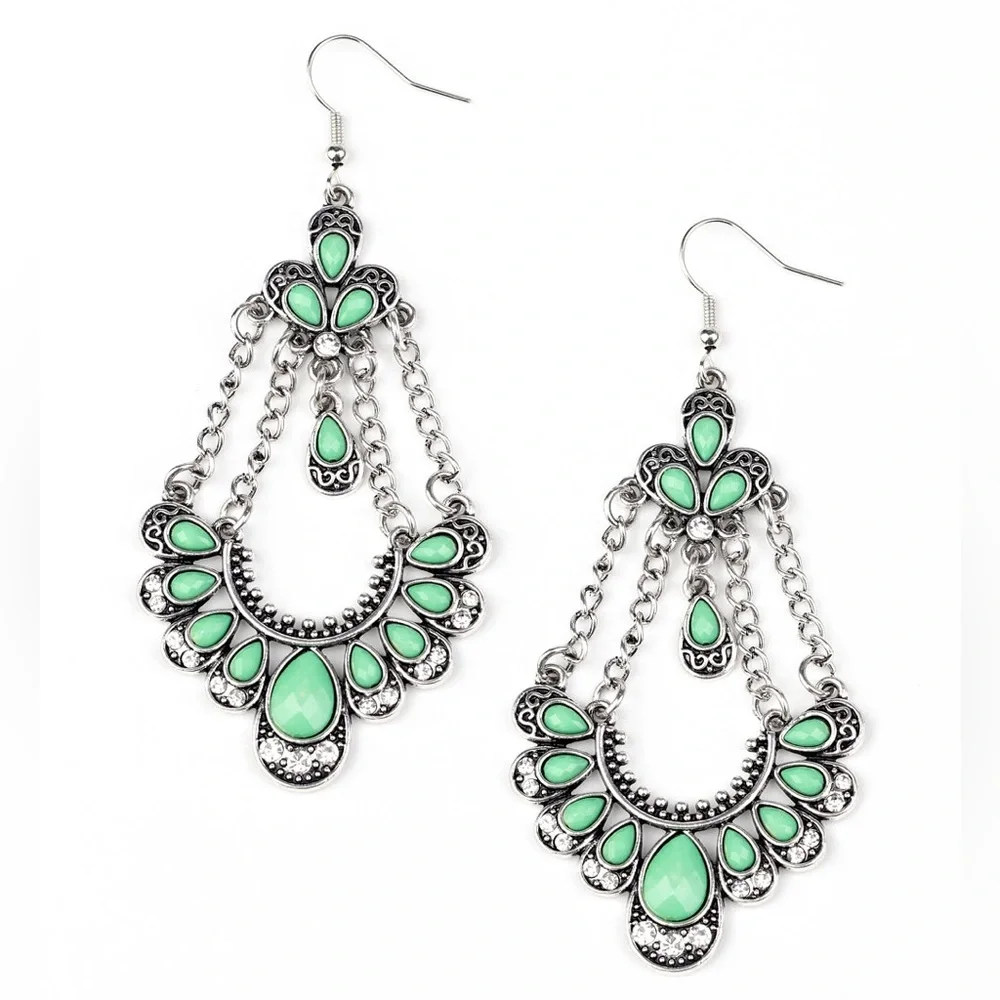 Green bead and crystal rhinestone chandelier earrings